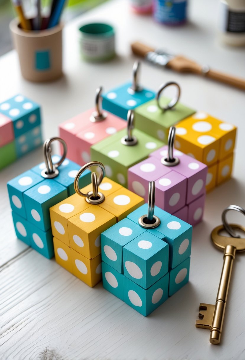 A set of colorful Jenga block key holders with metal hooks arranged on a wooden surface, with crafting supplies blurred in the background.