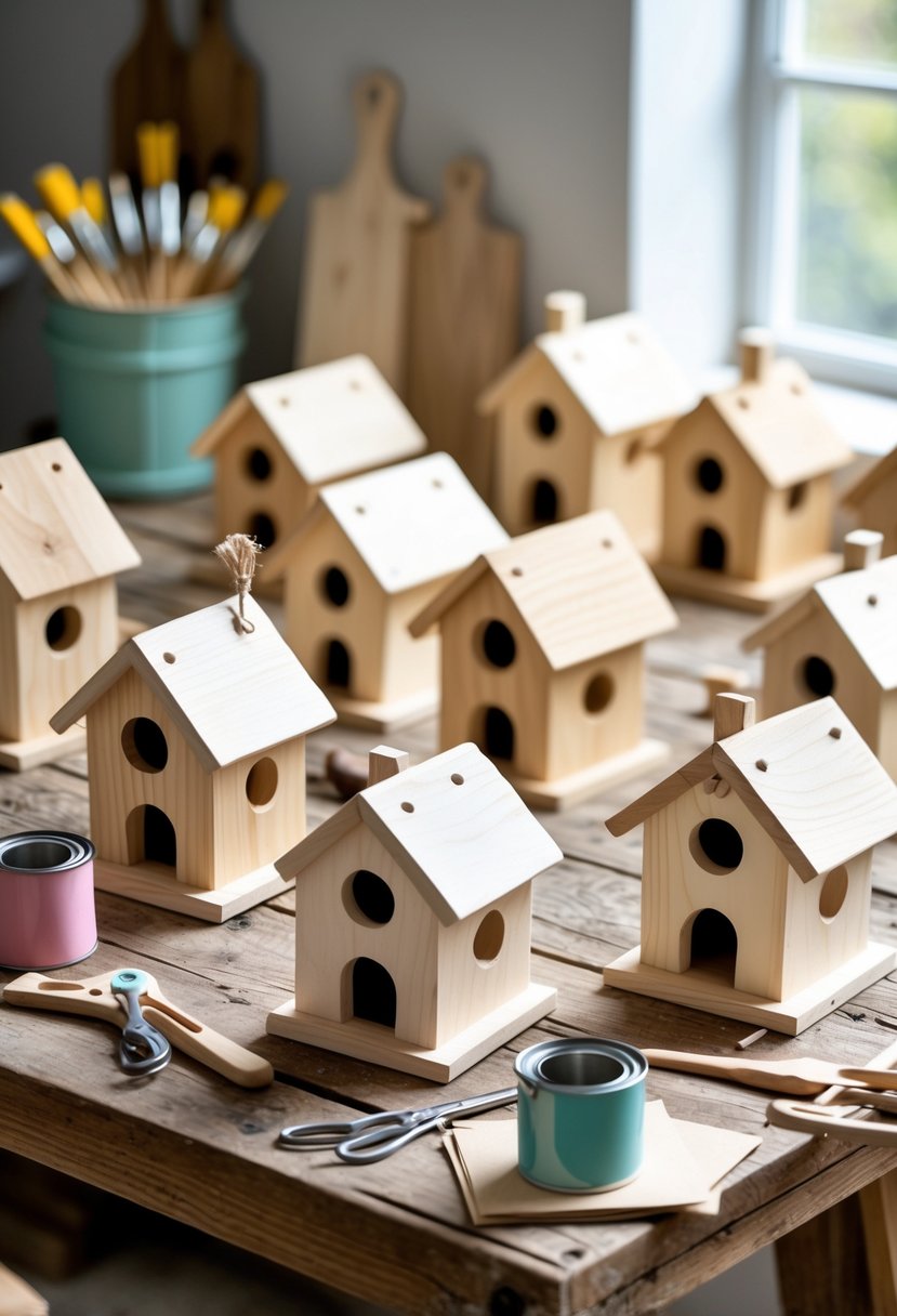 Several wooden birdhouses and crafting supplies arranged on a wooden table in a bright workspace.
