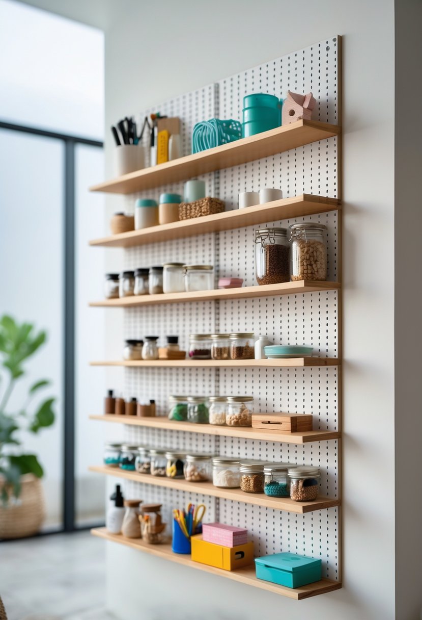 A pegboard with 15 small shelves holding various household items, arranged neatly on a wall in a home organization space.