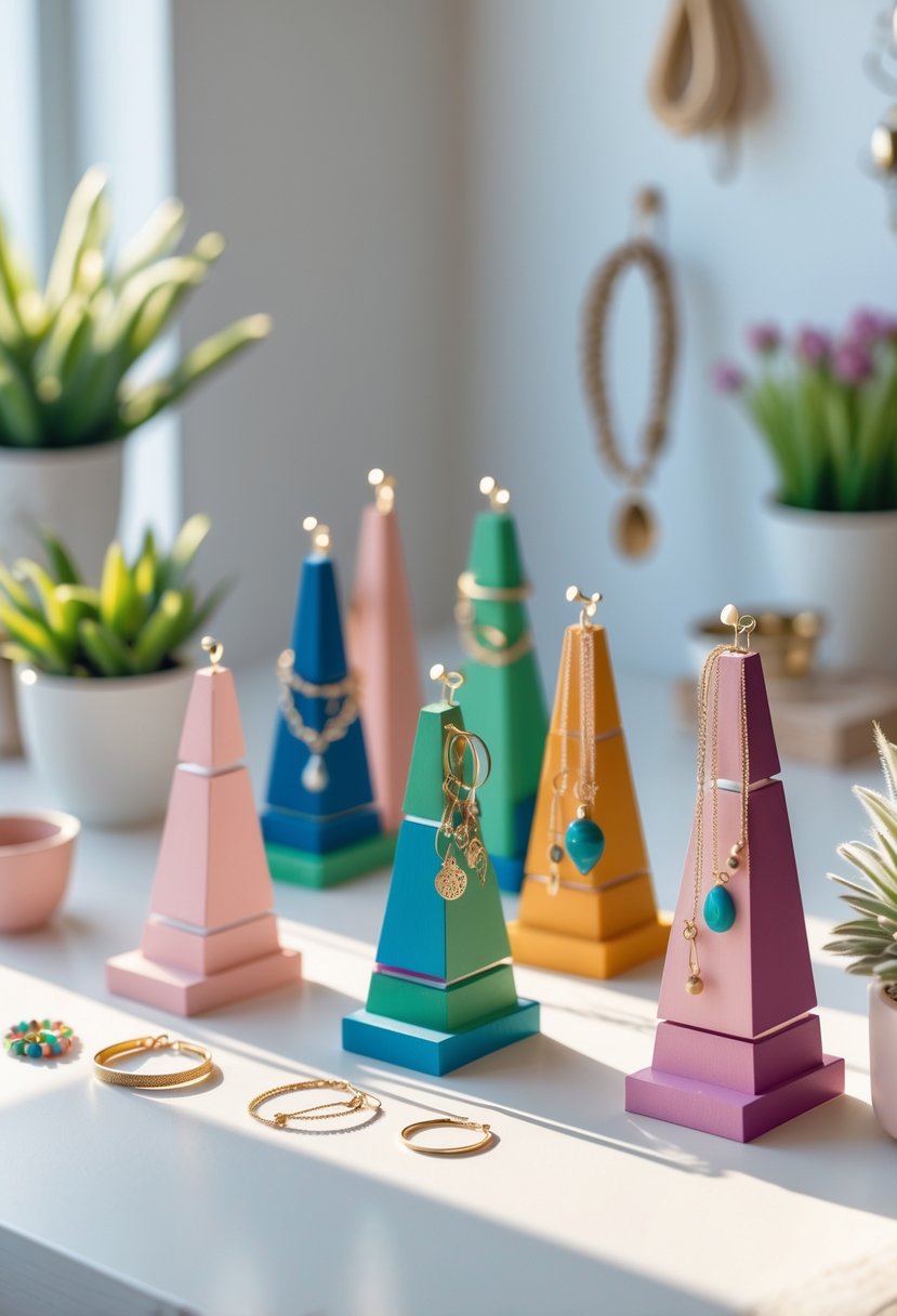 A collection of colorful Jenga block jewelry stands displaying rings, bracelets, necklaces, and earrings on a wooden surface with plants and crafting tools in the background.