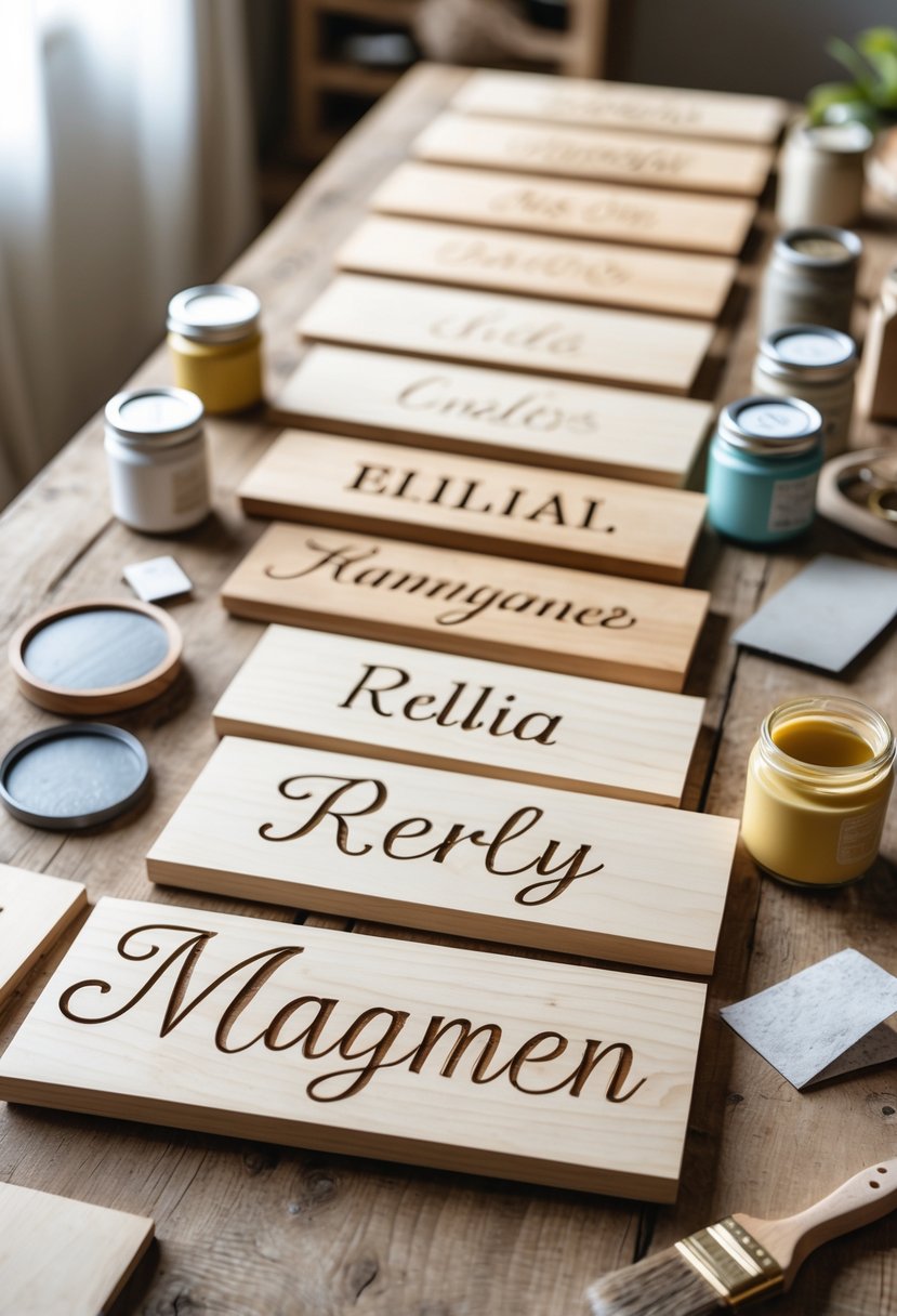 A collection of handmade wooden name plaques on a wooden table with crafting supplies around them.