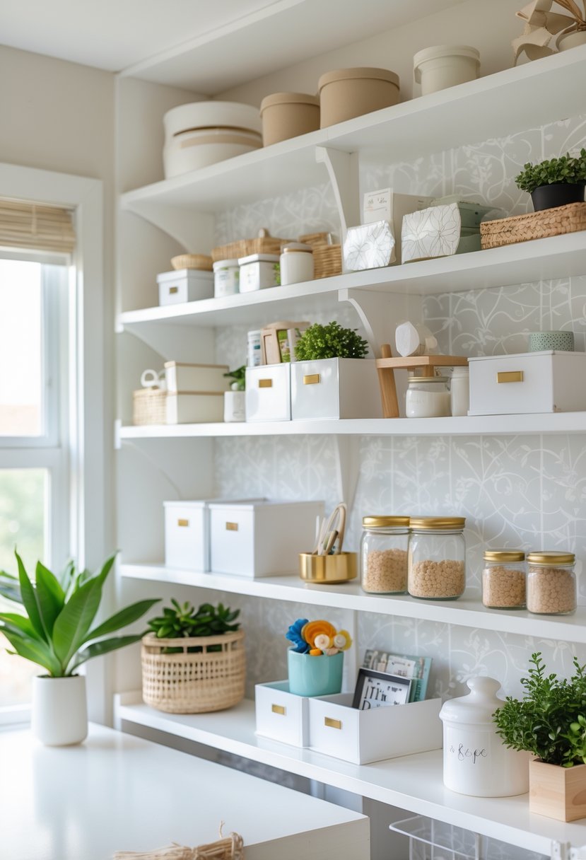 A neatly organized home shelf lined with decorative contact paper and filled with storage bins, books, and household items.