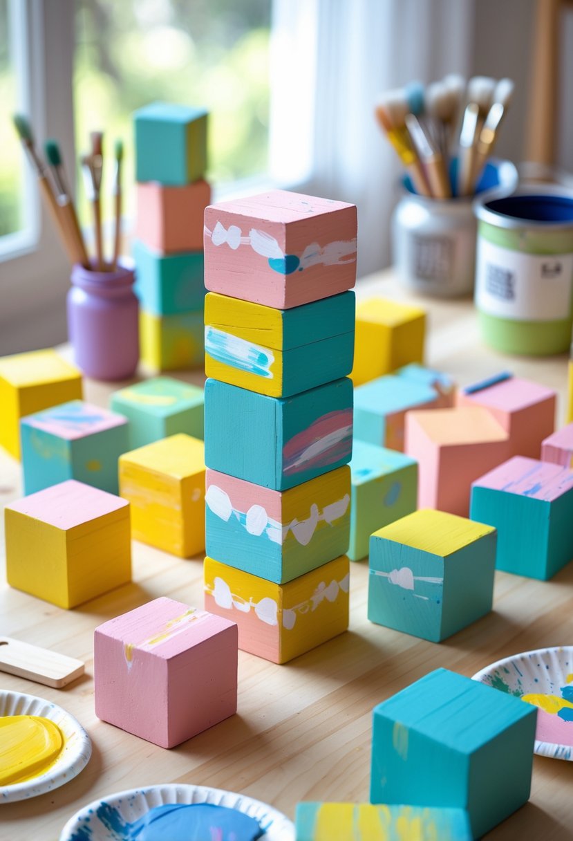 A table with colorful hand-painted wooden blocks arranged in small stacks surrounded by paintbrushes and jars of paint.