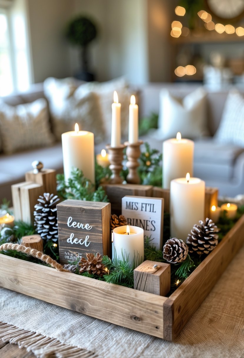 A wooden tray filled with small handmade craft decorations including greenery, candles, and wooden blocks on a table in a warmly lit room.