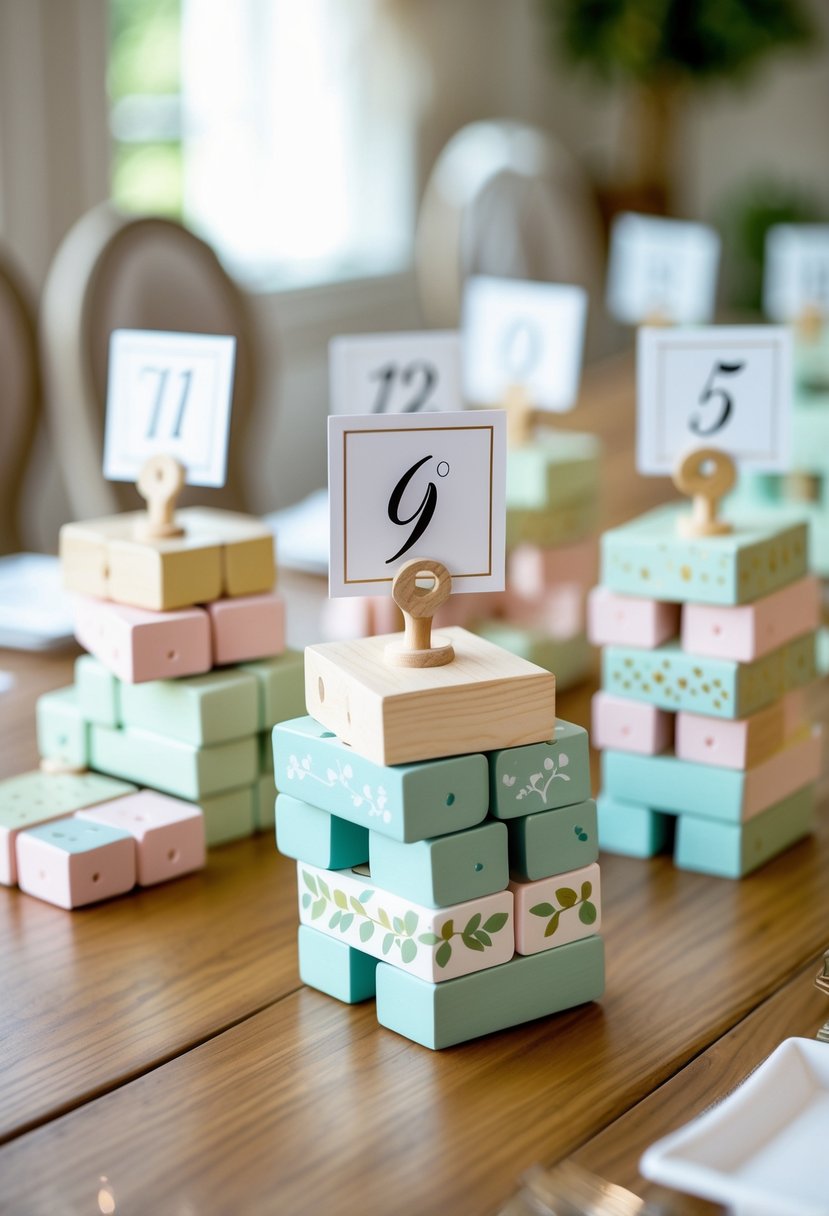 A wooden table with several Jenga block towers holding small cards used as table number holders.