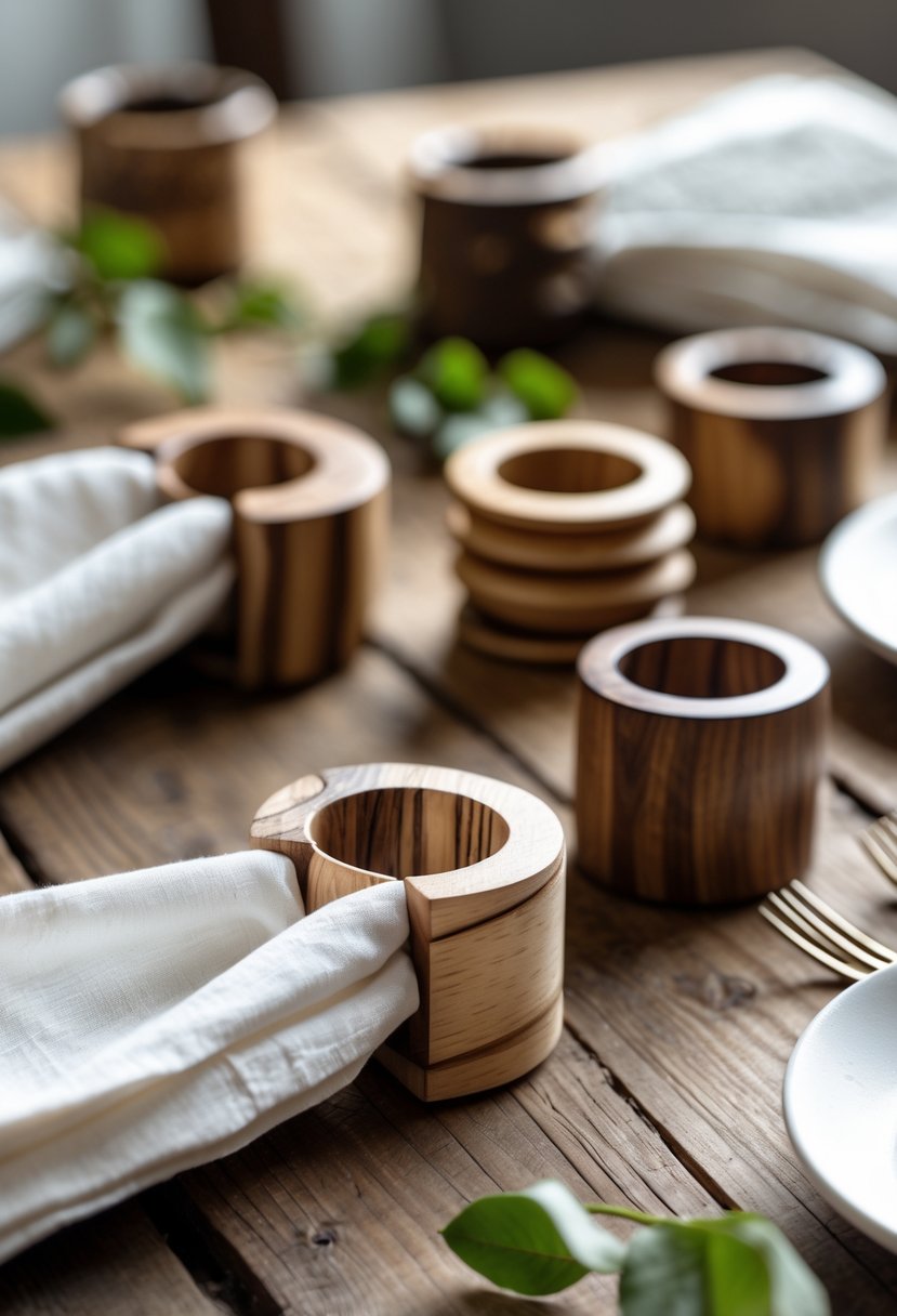 Wooden napkin rings displayed on a wooden table, some holding white cloth napkins, with green leaves and table setting accessories nearby.
