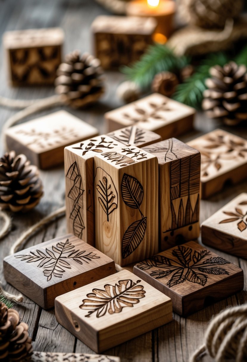 Wooden Jenga blocks with wood-burned designs arranged on a rustic wooden table surrounded by natural decor elements.