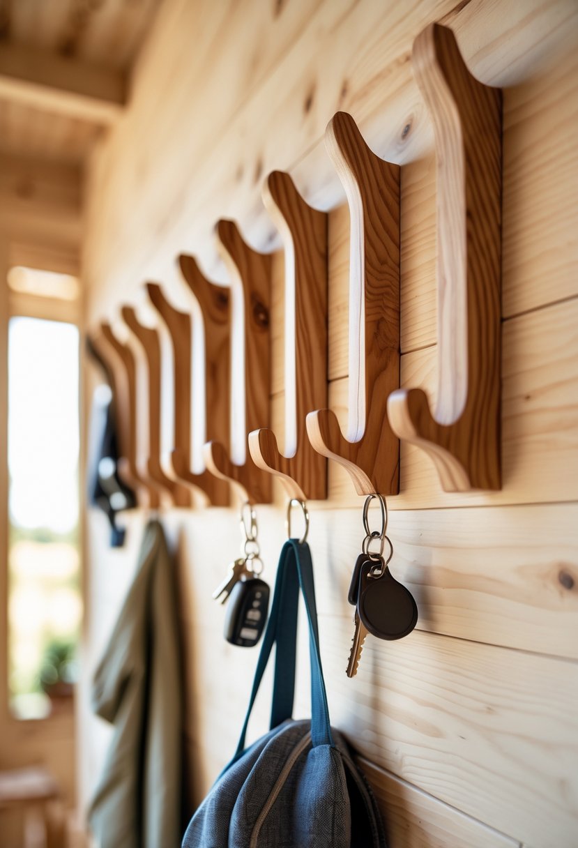 A set of wooden wall hooks mounted on a wooden wall with keys, a bag, and a hat hanging from them.