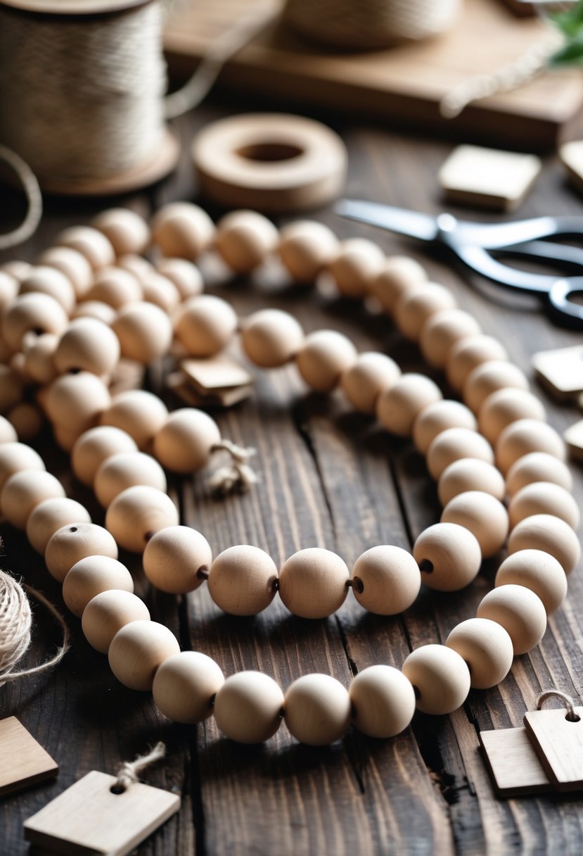 A wooden bead garland displayed on a wooden surface with craft tools around it.
