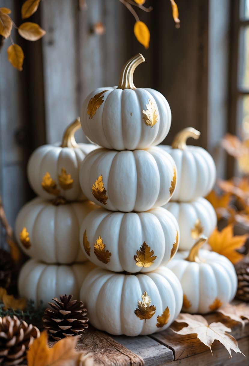 Stacked white pumpkins with gold leaf accents arranged on a wooden surface surrounded by autumn leaves and pinecones.