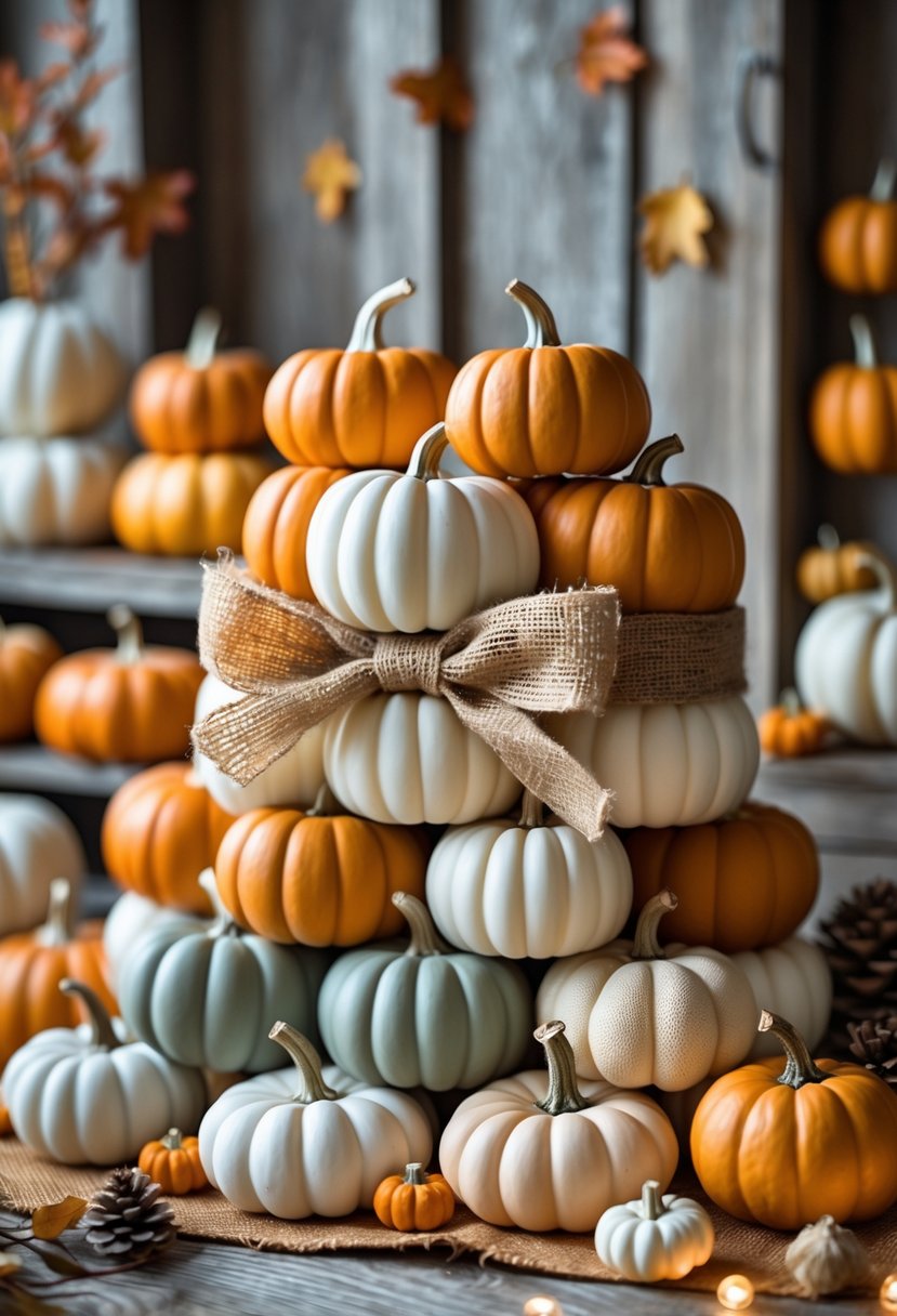 A collection of 15 small stacked pumpkins wrapped with a rustic burlap ribbon, arranged on a wooden surface with fall decorations.
