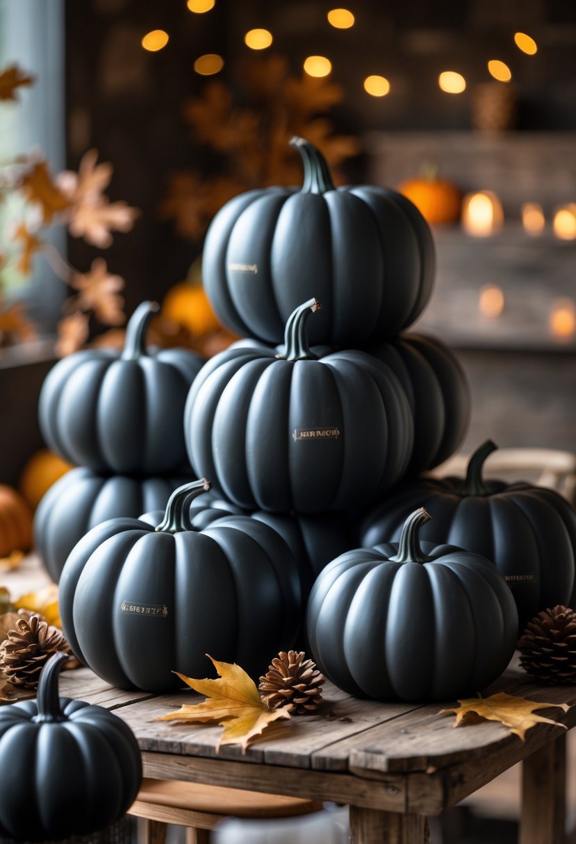 Stacked matte black pumpkins with chalkboard-style surfaces arranged on a wooden table surrounded by autumn leaves and pinecones.
