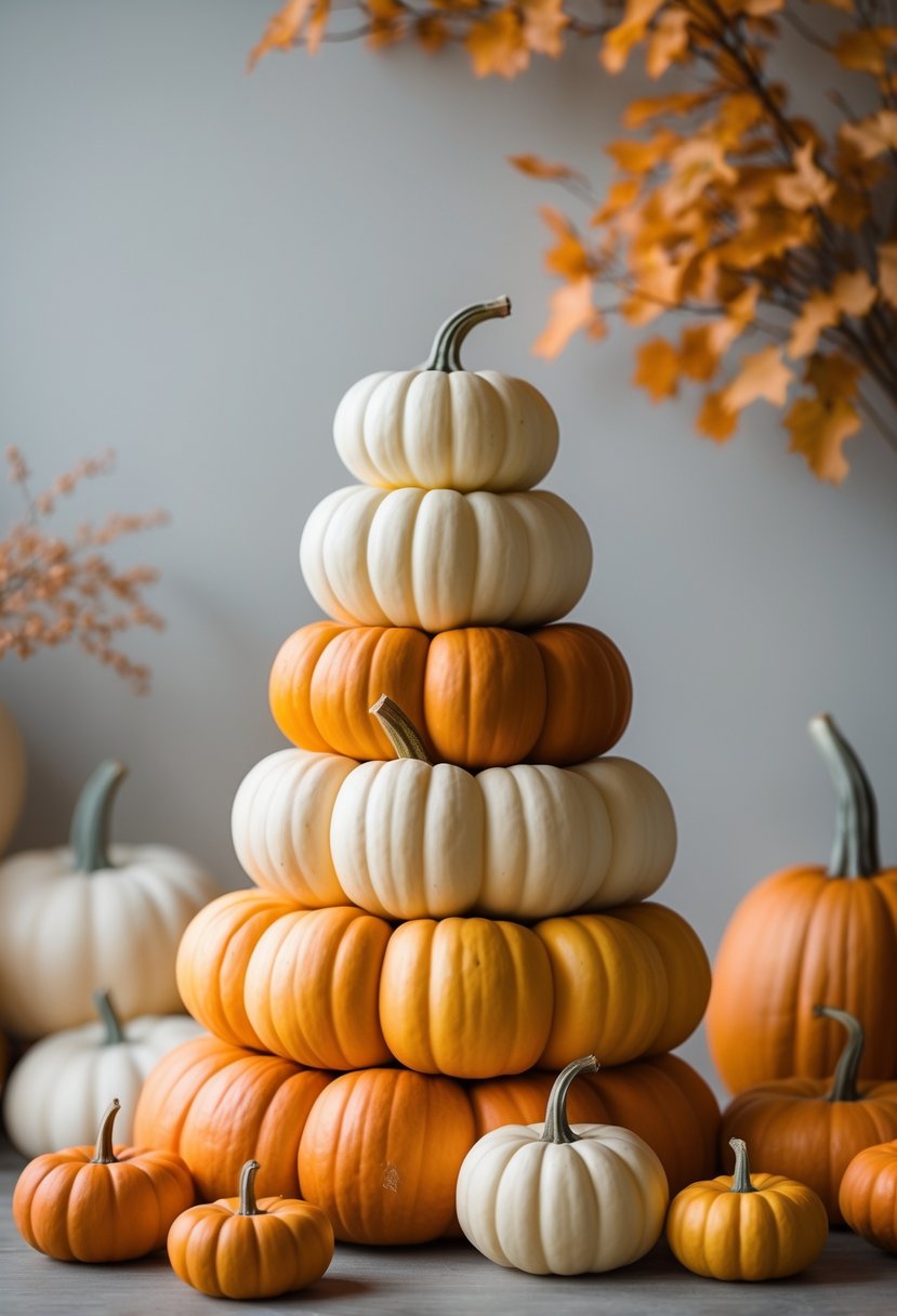 A display of 15 stacked pumpkins arranged in shades from orange to cream, creating a fall-themed decoration.
