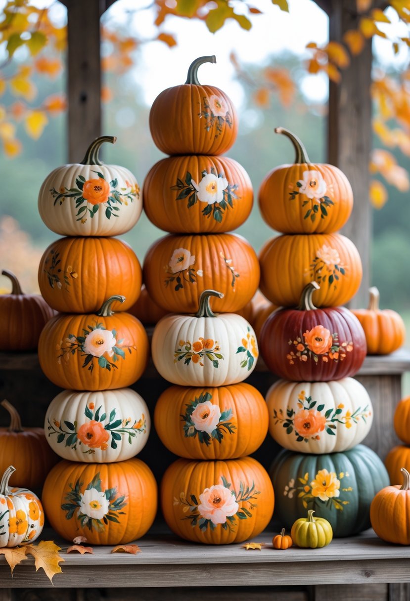 A collection of stacked pumpkins decorated with colorful floral designs arranged on a wooden surface in a fall setting.
