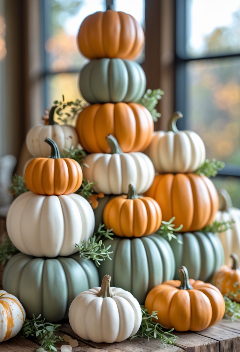 A display of small stacked faux pumpkins in autumn colors with mini faux greenery on a wooden surface.