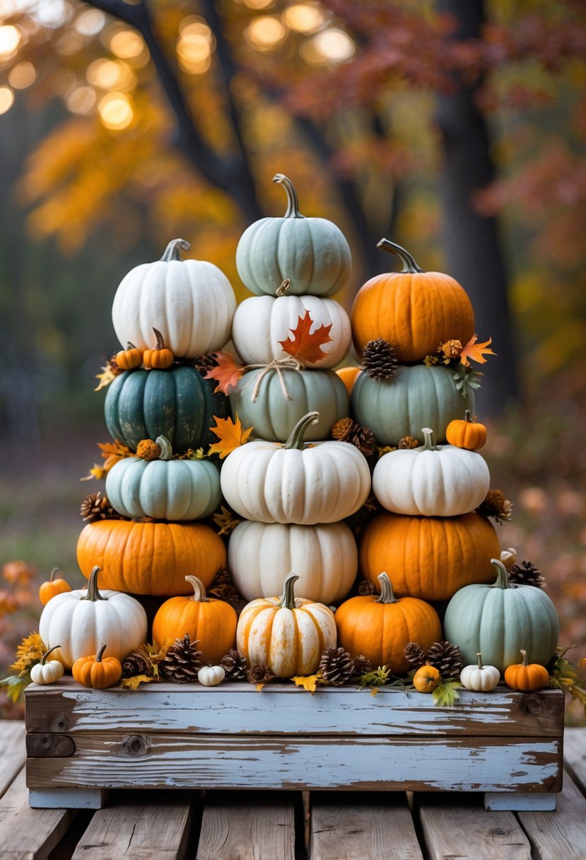 A rustic wooden base holding 15 stacked pumpkins of various colors and sizes arranged for fall decoration.