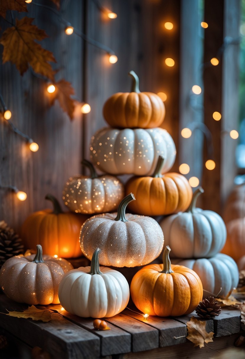 A collection of 15 stacked pumpkins decorated with glitter and warm lights, arranged with fall leaves and pinecones on a wooden surface.