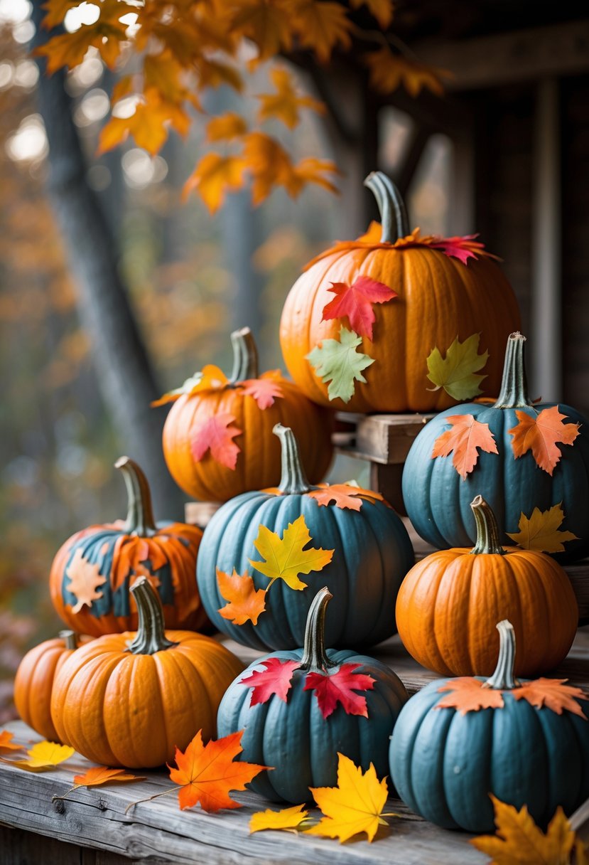 A collection of stacked pumpkins decorated with colorful autumn leaves on a wooden surface with fall foliage in the background.