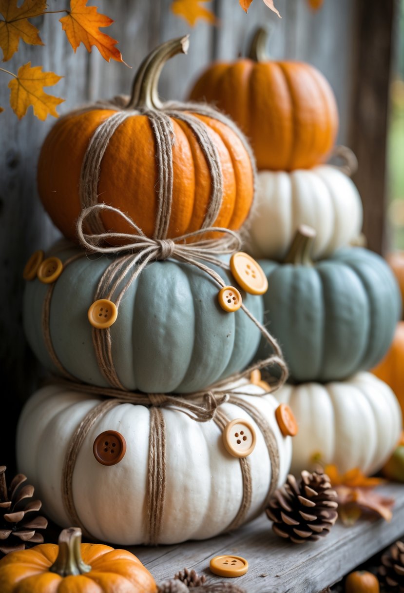 Stacked pumpkins decorated with twine and wooden buttons on a wooden surface surrounded by autumn leaves and pinecones.