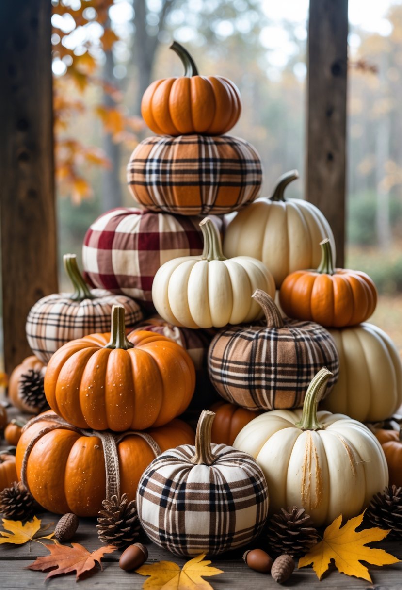 A collection of fifteen stacked pumpkins wrapped in plaid fabric, arranged on a wooden surface with fall leaves and pinecones.