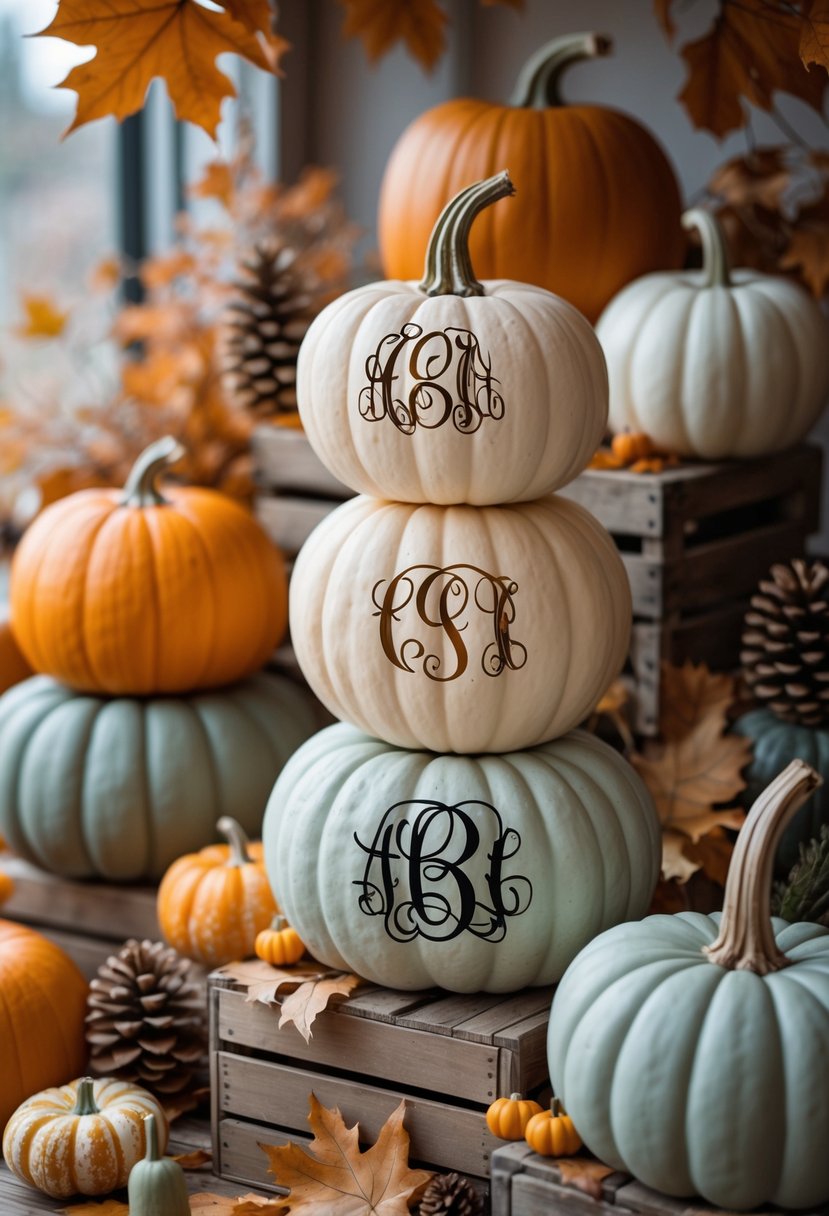 A stack of pumpkins decorated with monogram designs surrounded by autumn leaves and rustic fall decorations.