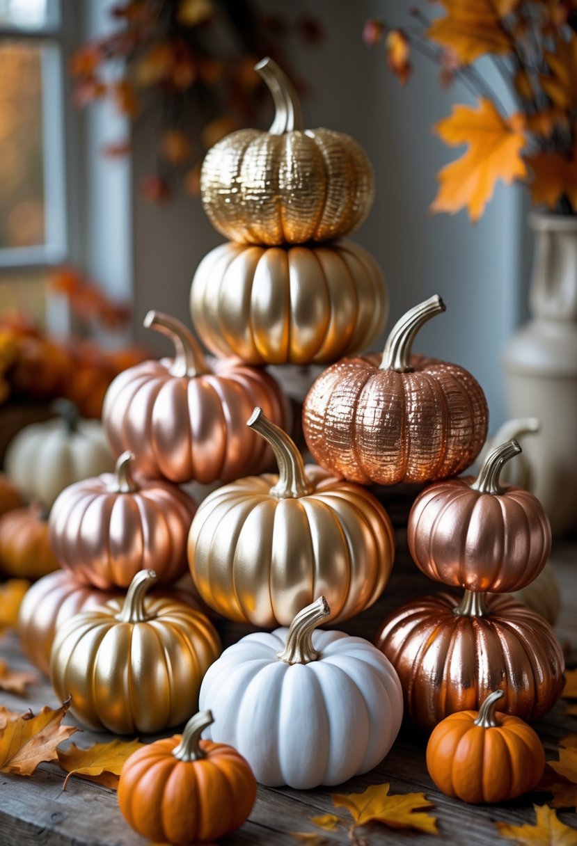 Stacked pumpkins painted in metallic fall colors arranged on a wooden surface with autumn leaves around them.