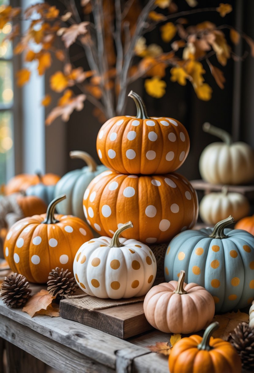 Stacked pumpkins decorated with polka dot patterns arranged on a wooden surface with autumn leaves and pinecones around them.