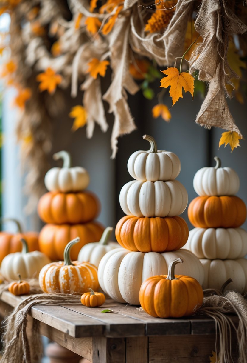 A fall-themed arrangement with natural jute leaf garlands and 15 stacked pumpkins in various sizes and colors on a wooden table.