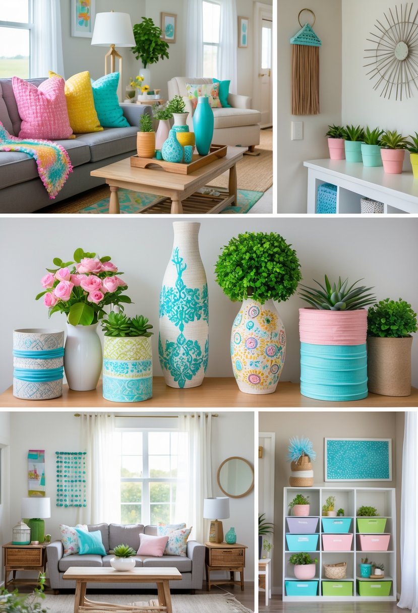 A home interior with various affordable DIY crafts and decor items displayed in the living room, kitchen, and bedroom.