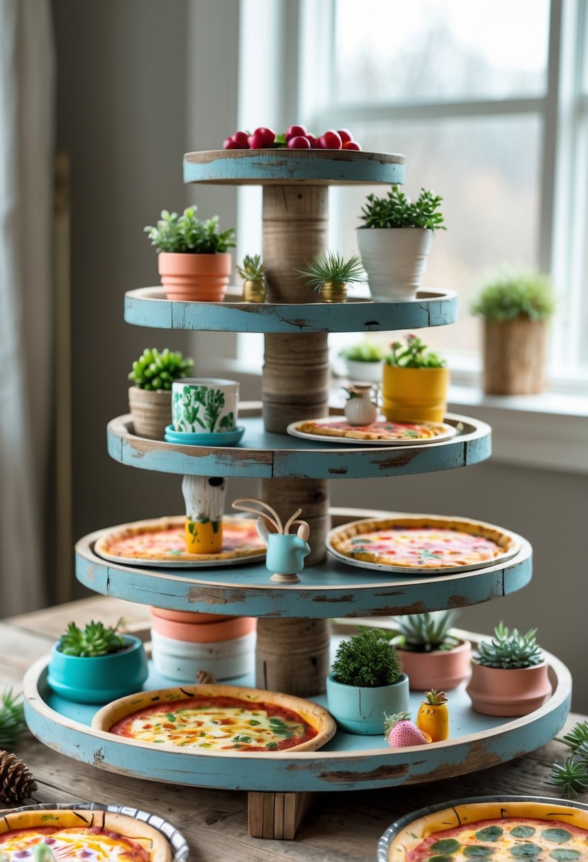 A rustic wooden tiered tray displaying 15 colorful DIY crafts made from pizza pans arranged on multiple levels.