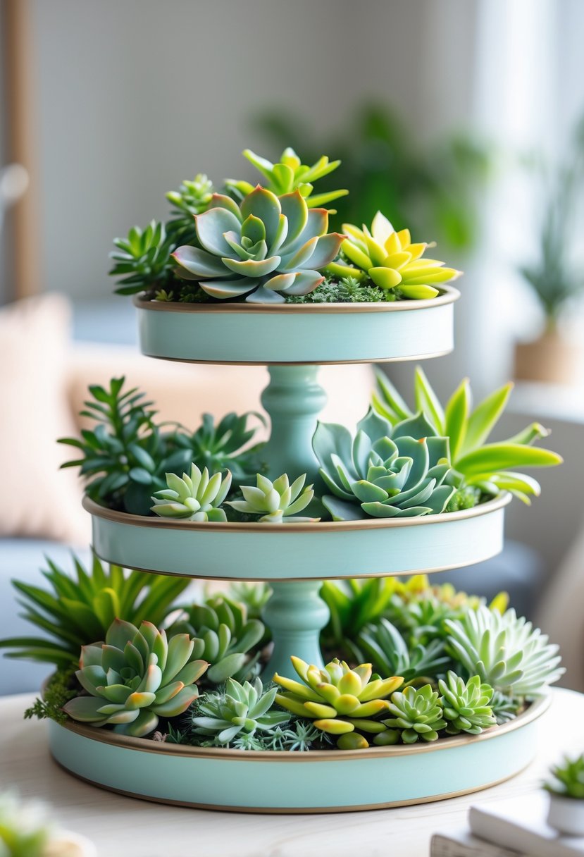 A tiered tray decorated with various artificial succulent plants arranged on multiple levels.