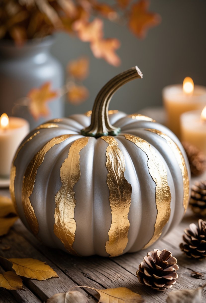 A metallic painted pumpkin with gold leaf accents displayed on a wooden table surrounded by autumn leaves and pinecones.