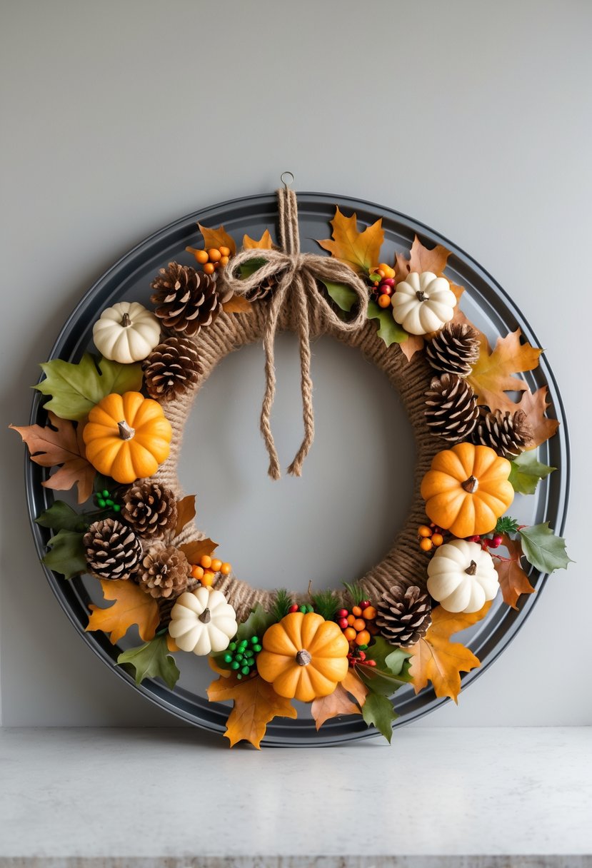 A seasonal wreath decorated with pine cones, autumn leaves, small pumpkins, berries, and a rustic rope accent, displayed on a neutral background.
