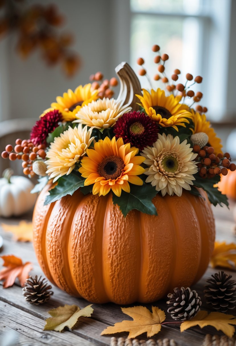 A pumpkin-shaped floral foam centerpiece decorated with artificial fall flowers on a wooden table.