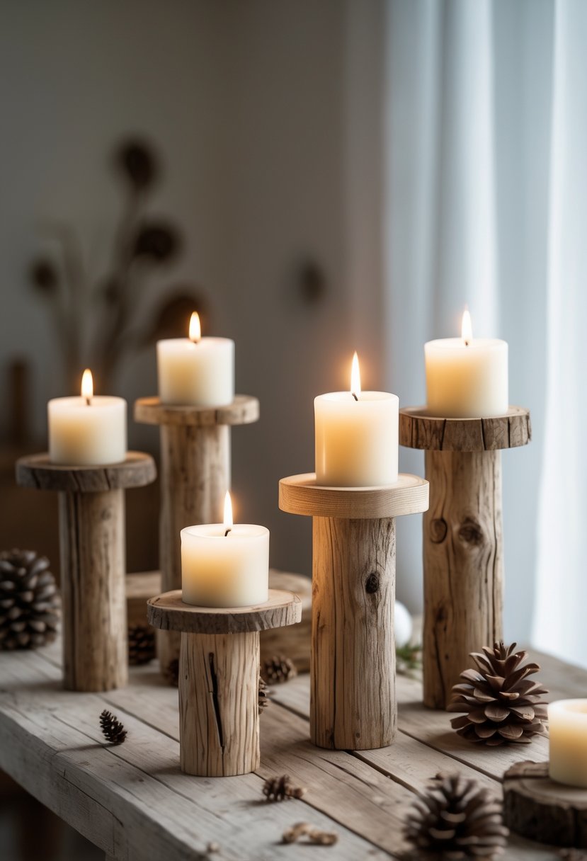 A set of rustic wood candle holders with lit candles arranged on a wooden surface with natural decorations.