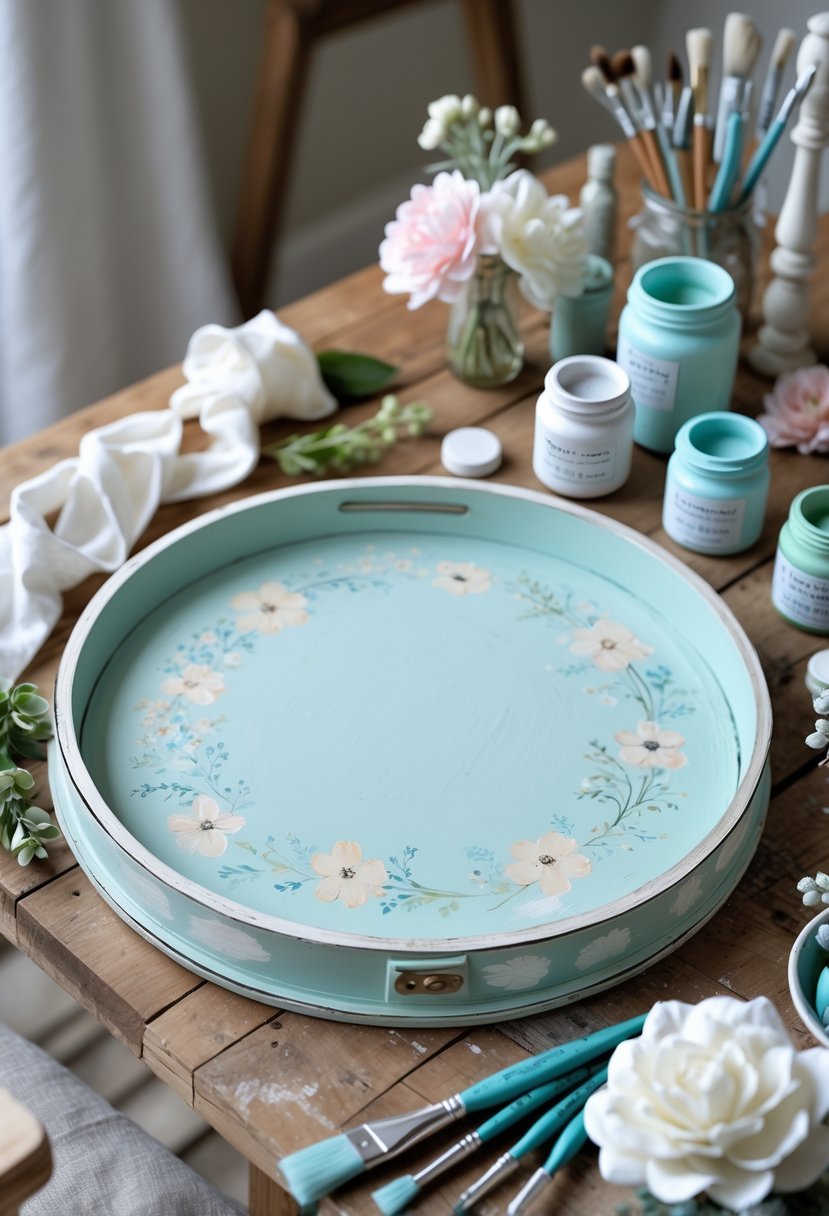 A decorative tray made from a painted pizza pan on a wooden table surrounded by painting supplies and craft materials.