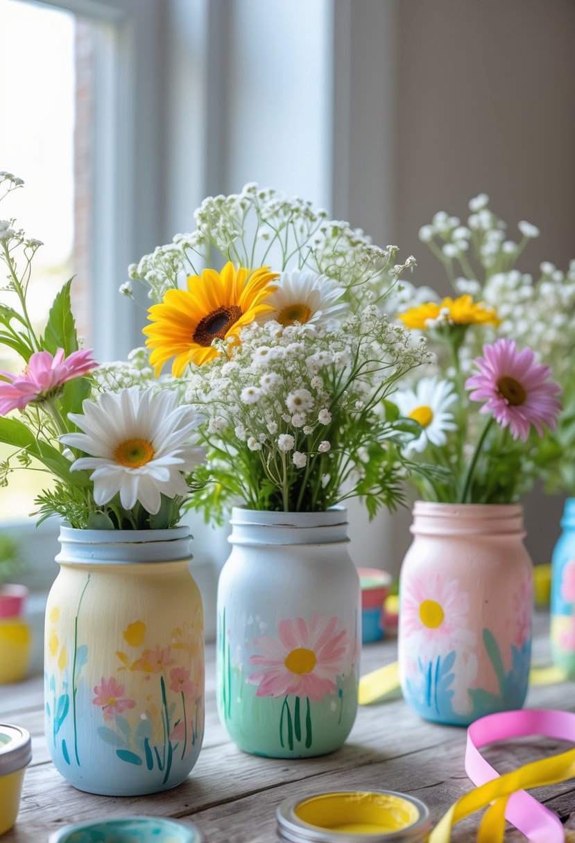 Several hand-painted mason jars filled with fresh flowers arranged on a wooden table with craft supplies in the background.