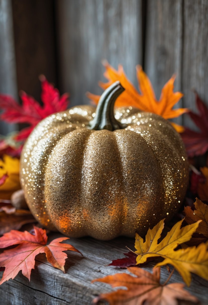 A glittered pumpkin surrounded by colorful fall leaves on a wooden surface.