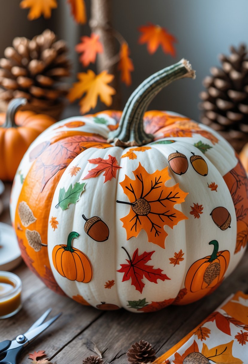 A decorated pumpkin covered with autumn-themed napkins on a wooden table surrounded by crafting supplies.
