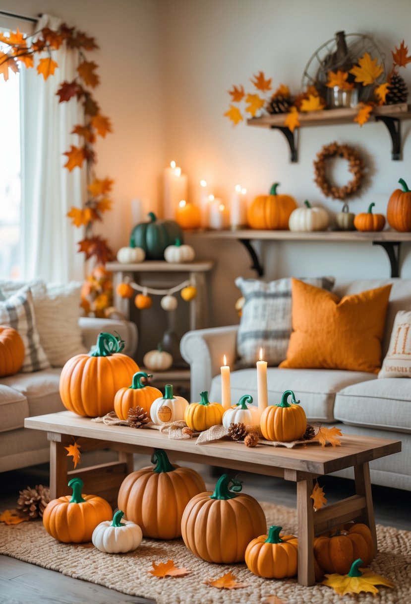 A cozy living room with various handmade pumpkin decorations arranged on a wooden table and shelves, including painted pumpkins, candle holders, and garlands with autumn leaves.