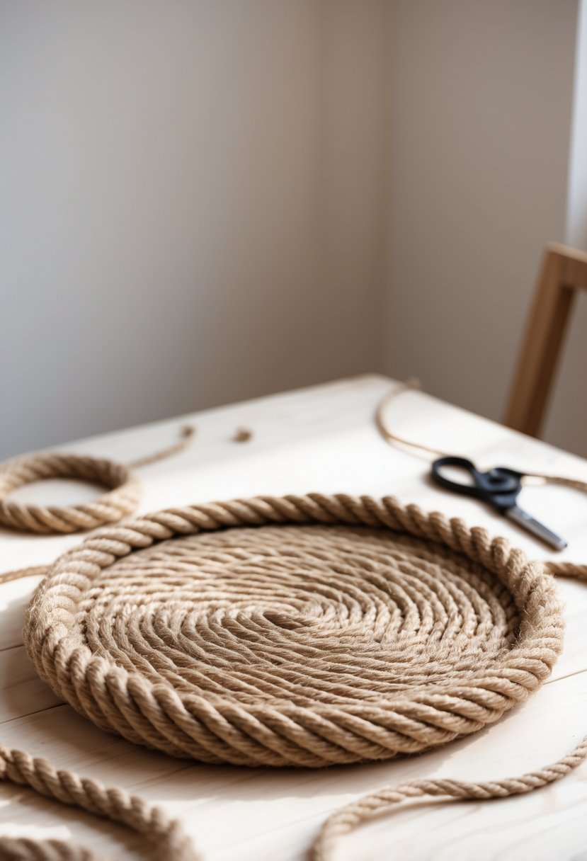 A circular rope tray made from natural jute rope on a wooden surface with crafting materials nearby.