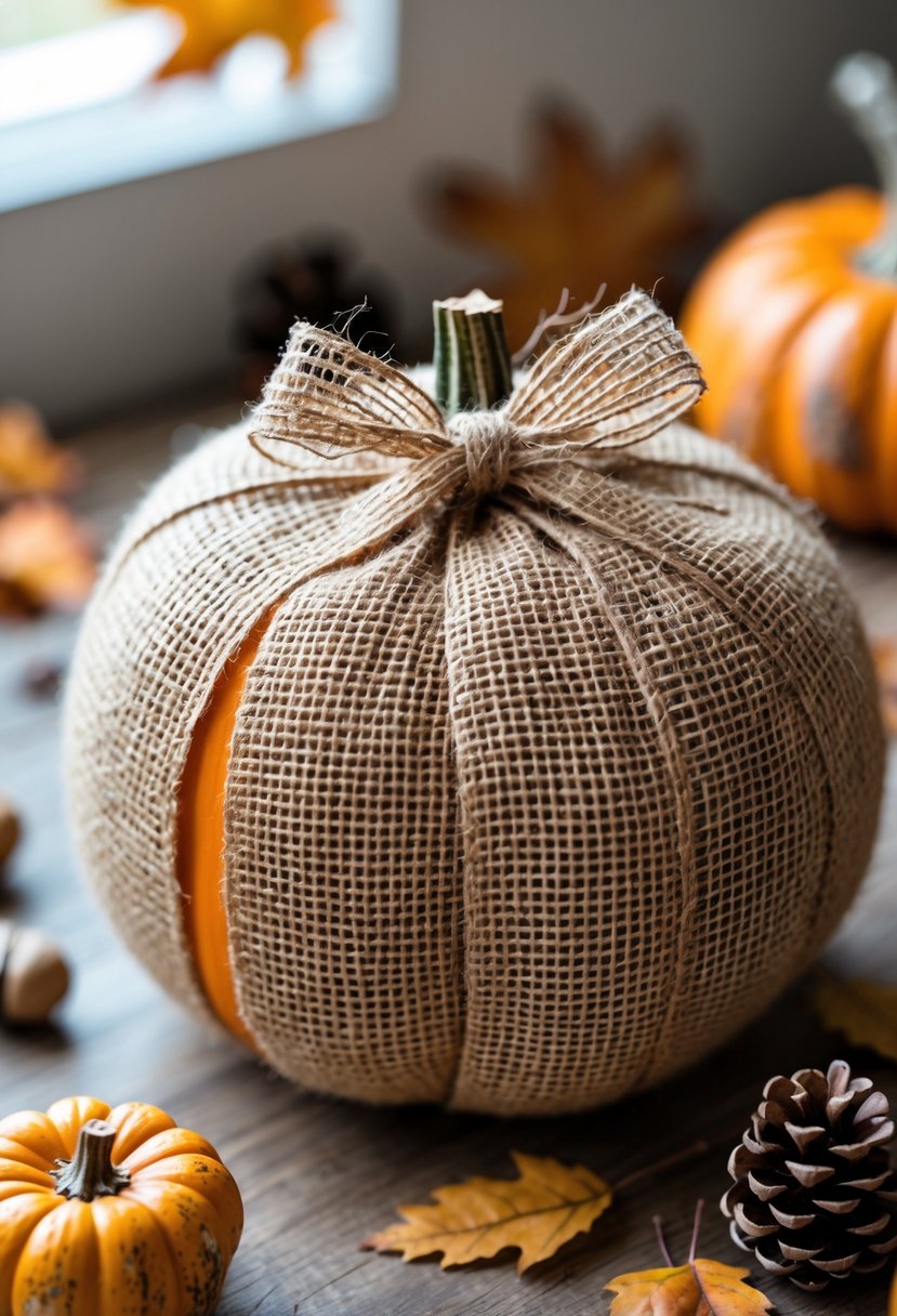 A pumpkin wrapped in burlap fabric and tied with a twine bow, sitting on a wooden surface with fall leaves and pinecones around it.