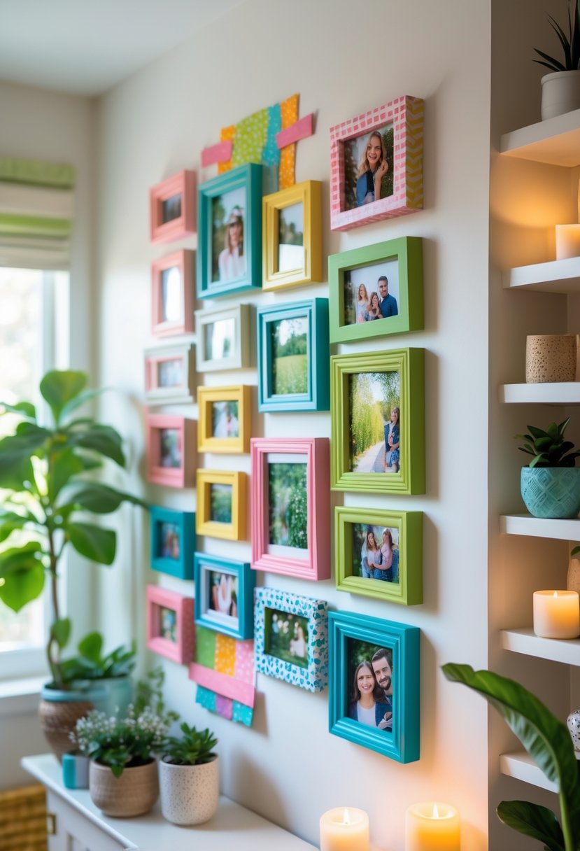 A personalized photo frame collage displayed on a wall in a cozy room with plants and decorative items nearby.
