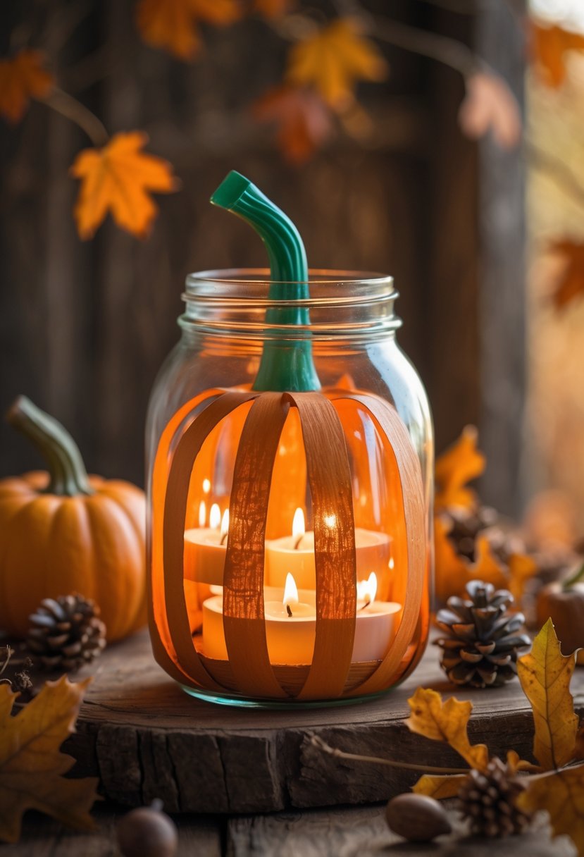 A mason jar decorated like a pumpkin with lit tea lights inside, surrounded by small pumpkins and autumn leaves on a wooden surface.