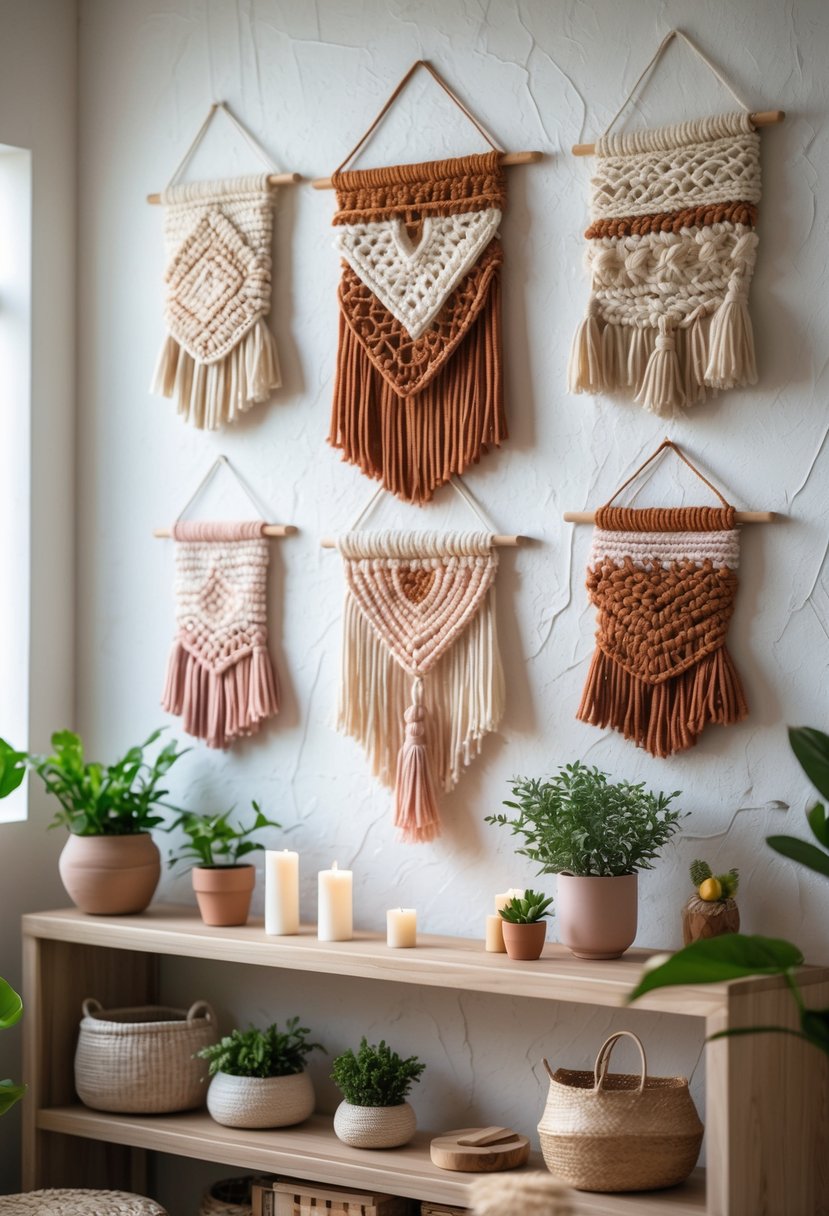 A living room wall decorated with several handmade yarn wall hangings in natural colors above a wooden table with plants and candles.