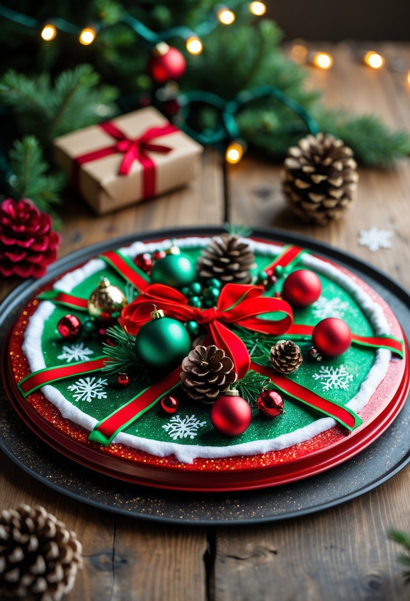 A festive holiday place mat made from a decorated pizza pan with ribbons, ornaments, and pine cones on a wooden table surrounded by holiday decorations.