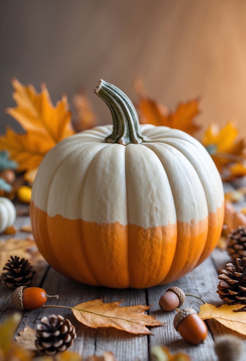 A painted pumpkin with warm fall colors on a wooden surface surrounded by autumn leaves and pinecones.