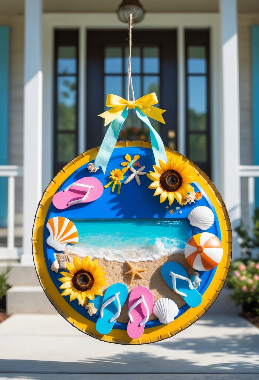 A colorful summer-themed door hanger made from a pizza pan decorated with sunflowers, flip-flops, and seashells hanging on a front door with a porch in the background.