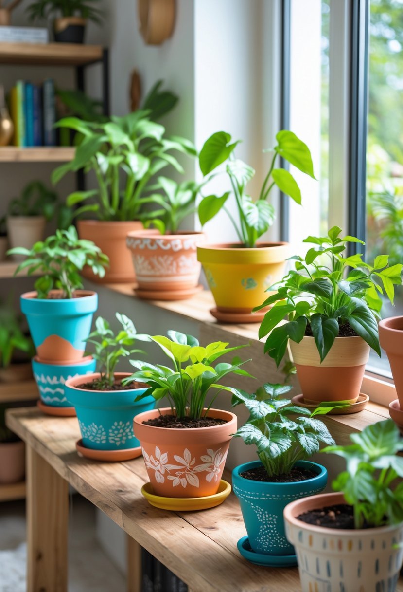 A group of colorful painted terra cotta pots with green plants arranged on a wooden table and shelves indoors.