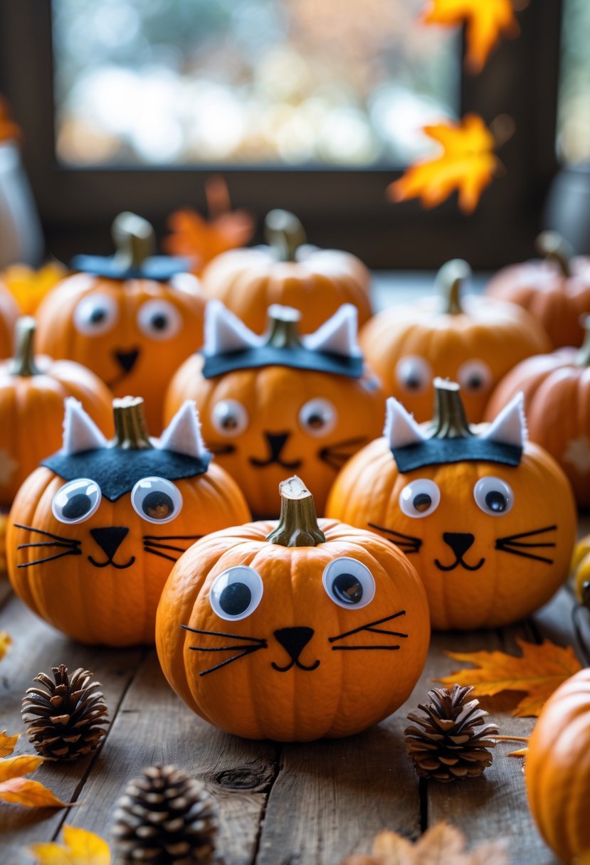 Mini pumpkins decorated as animal figures with felt and googly eyes arranged on a wooden table with autumn leaves and pinecones.